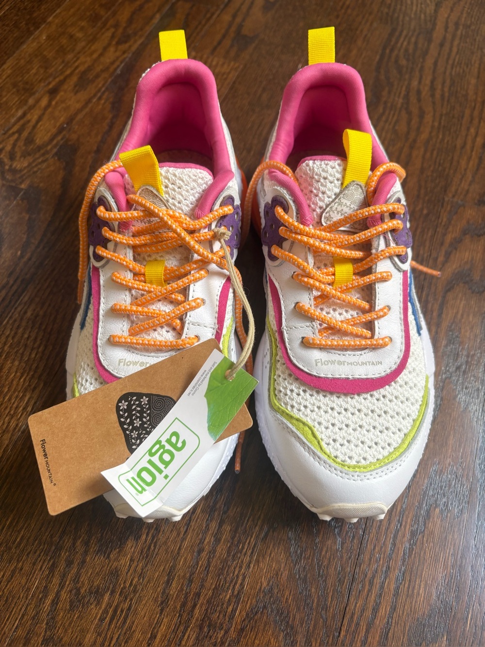 NWT - Luxury Flower Mountain White Mesh Sneakers with Pink & Orange Accents